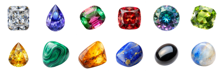 Gemstones, minerals isolated on transparent background. Includes alexandrite, amber, citrine, lapis lazuli, malachite, moonstone, onyx, and more in png collection