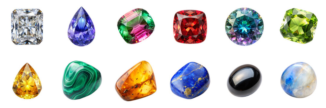 Gemstones, minerals isolated on transparent background. Includes alexandrite, amber, citrine, lapis lazuli, malachite, moonstone, onyx, and more in png collection