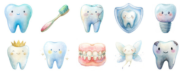 Cute tooth characters and dental elements, watercolor illustration set. Each element isolated on transparent background