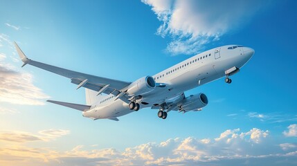 A large commercial airplane taking off into a clear blue sky with its wheels retracting.