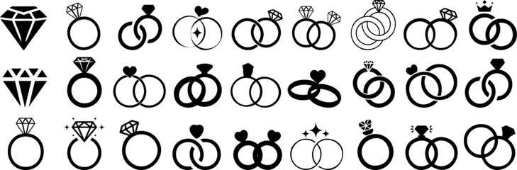 Engagement rings, wedding ring vector set, diamond icon Vector illustration of love and marriage symbols, perfect for wedding invitations, romantic designs, and jewelry branding