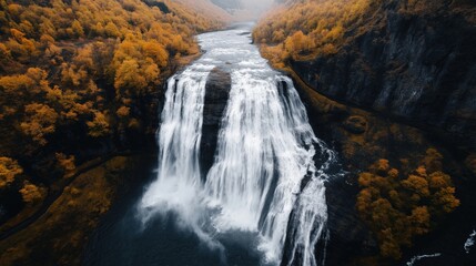 Aerial view of a cascading waterfall surrounded by lush autumn foliage with vibrant orange and yellow trees, creating a picturesque natural landscape.