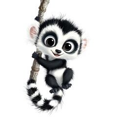 Fototapeta premium Cartoon baby lemur hanging by its tail on a white background.