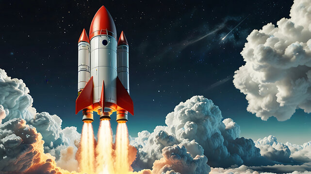 3D rocket in space, a rocket takes off into a sky leaving a fiery trail behind.