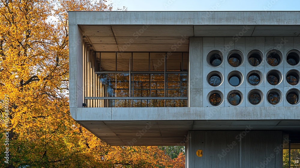 Aufkleber modern architectural building with circular windows and autumn foliage in urban setting : generative