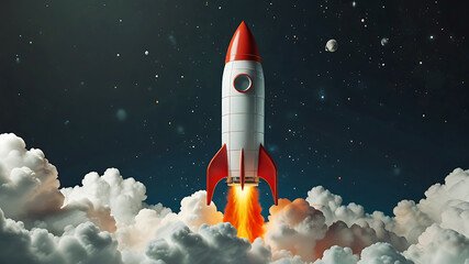 3D rocket in space, a rocket takes off into a sky leaving a fiery trail behind.