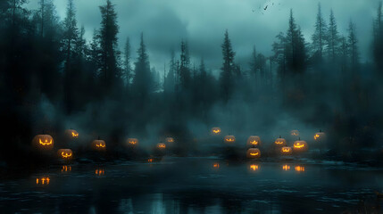 Spooky Halloween Forest with Jack-o'-Lantern Reflections