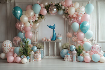 A whimsical party backdrop featuring colorful balloons, greenery, and a mermaid statue, perfect for celebrations or themed events.