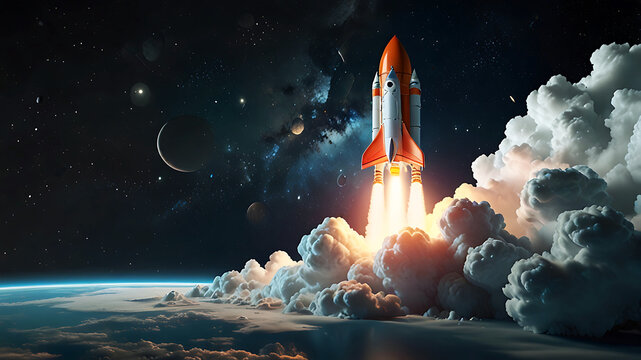 3D rocket in space, a rocket takes off into a sky leaving a fiery trail behind.