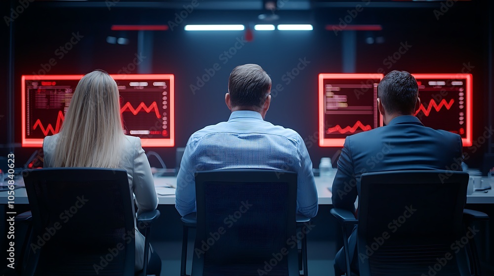 Poster strategic analysis in a high-tech environment professionals monitoring financial data on multiple sc