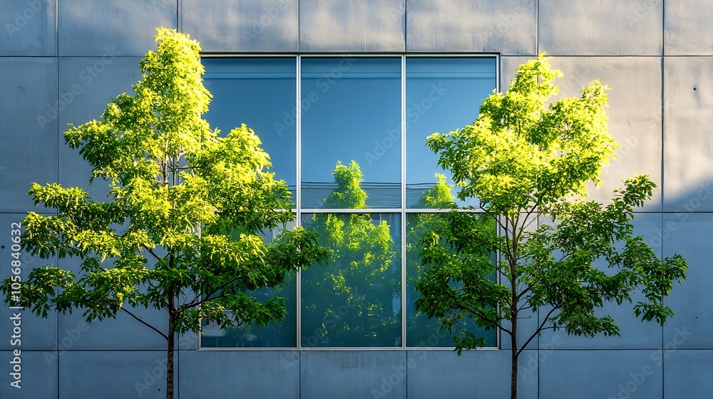 Poster Modern Architecture with Two Trees and Reflective Glass Window : Generative AI