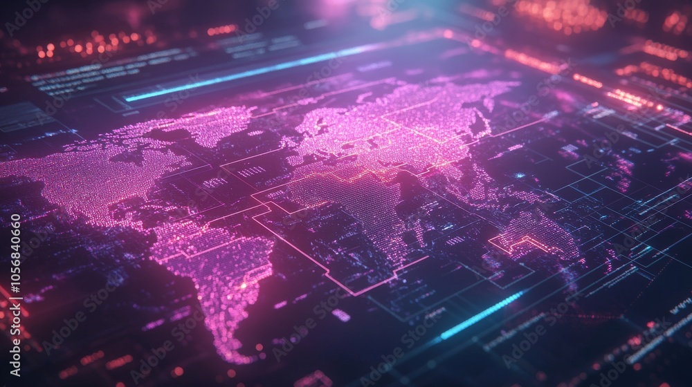 Poster digital world map with glowing dots and lines