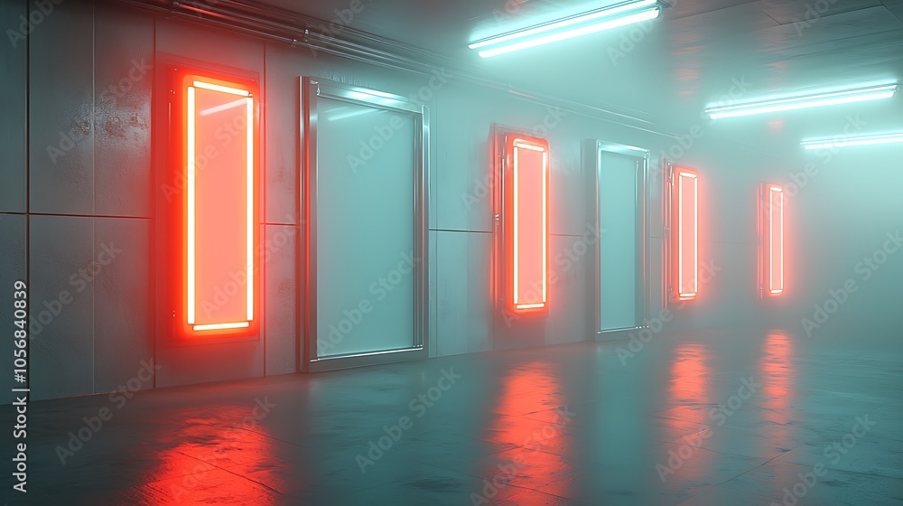 Poster exploring the futuristic aesthetics of neon-lit hallways a journey through ambient spaces and modern