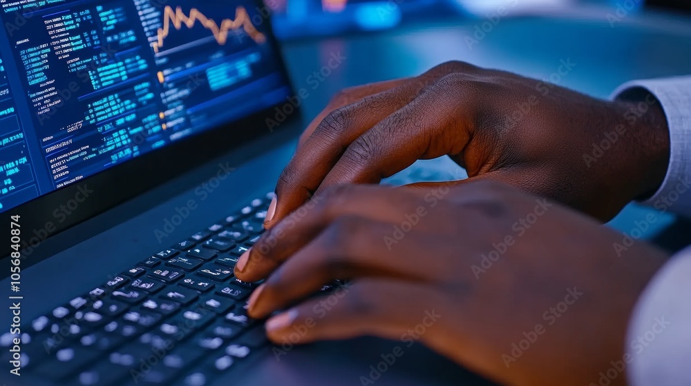 Poster close up of hands typing on laptop keyboard with financial data on screen