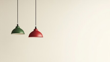 Red and green pendant lamps in soft, minimal tones, hanging in a simple, elegant set against a...
