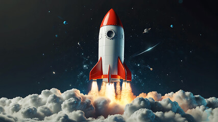 Fototapeta premium 3D rocket in space, a rocket takes off into a sky leaving a fiery trail behind.