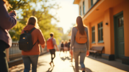 The image shows a group of high school students with backpacks walking to class early in the morning