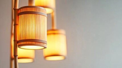 Softly illuminated bamboo wood lamps in a minimalistic design, suspended against a simple,...