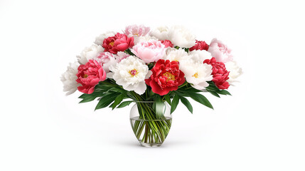 Obraz premium A bouquet of white and red peonies in a clear glass vase on white background