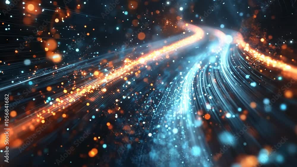 Poster a bright blue and orange line of light with many small dots. the line of light is moving and he is a