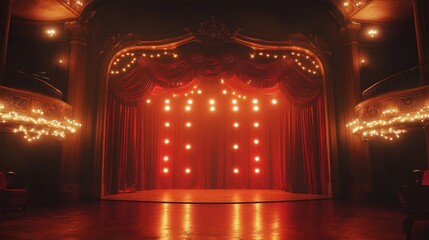 An Empty Theater Stage with Red Curtains and Warm Lighting