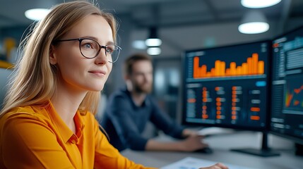 Focused professional analyzing data insights in modern office environment with digital displays presenting performance metrics and trends