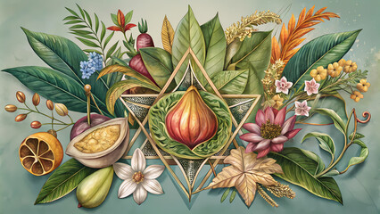 Fototapeta premium Harvest-Themed Star of David with Fresh Fruits and Flowers