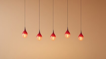 Soft-toned red pendant lamps in a minimalist style, arranged symmetrically against a beige...