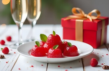 Valentine's Day, New Year, marmalade red candies on a white plate, next to two glasses of champagne and a red gift box