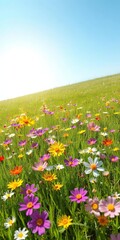 Obraz premium Abstract background of colorful spring flowers scattered in green grass under a bright sun and clear blue sky, flowers, colorful