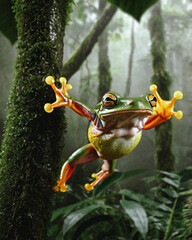 Wallace&rsquo;s flying frog soars between trees in Borneo's lush rainforest, its vivid green skin and webbed feet spread wide, embodying the incredible adaptations of Indonesia&rsquo;s wildlife.