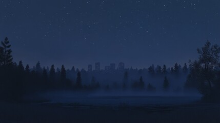 Serene Nighttime Landscape with Misty Skyline