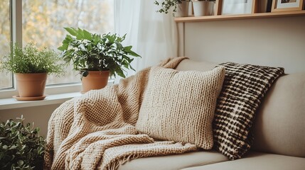 Serene Living Room with Comfortable Sofa Decorated with Knitted Throws and Potted Plants by the Window : Generative AI