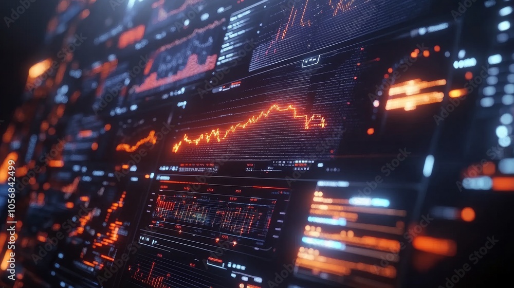 Poster digital interface with orange and blue glowing lines and data