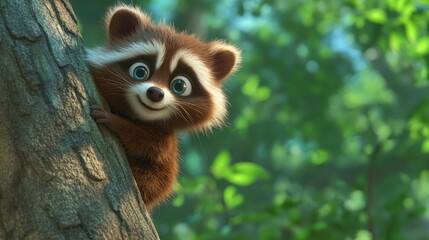 Obraz premium Curious Raccoon Peeking Out from a Tree