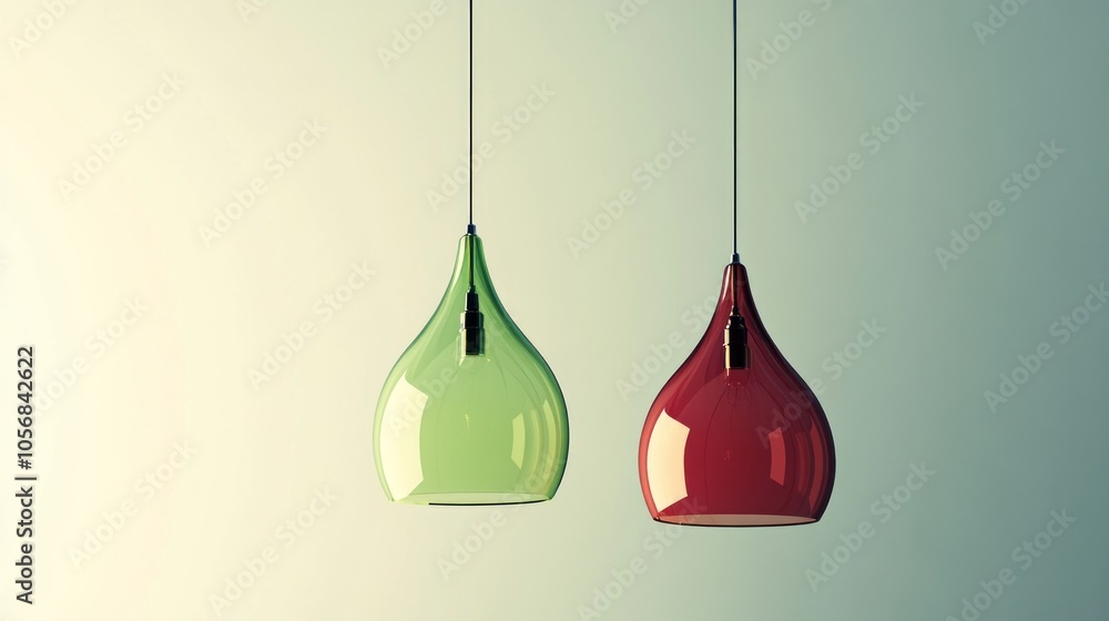 Wall mural two pendant lamps, one red and one green, softly illuminated and suspended in minimalist style again