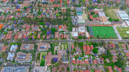 defaultPanoramic aerial drone view of Western Sydney Suburbs with Houses roads and parks in Sydney NSW Australia