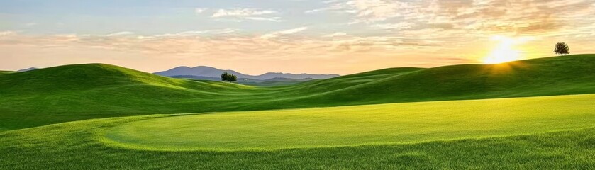 Fototapeta premium Sunset over green hills, long shadows stretching across the grass, soft pastels in the sky, few isolated trees, inviting tones, dynamic lighting, balanced scenery