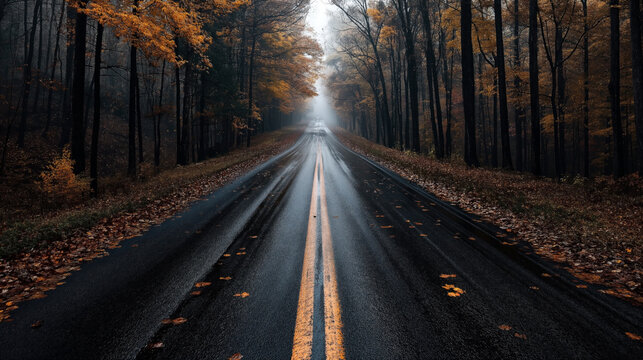 Wet road lined with autumn trees and fallen leaves disappearing into misty distance in forest setting - Powered by Adobe