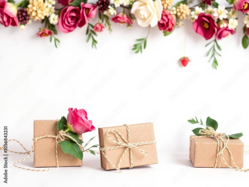 Wall mural Eco-friendly gift boxes made from craft reusable paper twine and floral decorations on a white background, zero waste concept for holidays with copy space, eco-friendly, image