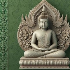 3D Buddha with beautiful face in Thai art style, Childhood, Clear, Full body sitting on lotus base, 3D cream plaster, Green background, 3D illustration, Digital art, Realistic