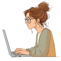 Cartoon employee typing fast with a focused look, looking at the screen on a white background.