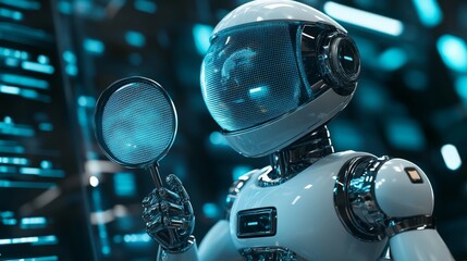 A Futuristic Robot Holding a Magnifying Glass in Front of a Blue Digital Interface
