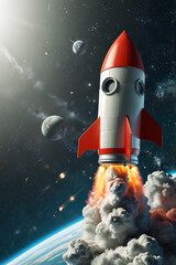 3D rocket in space, a rocket takes off into a sky leaving a fiery trail behind.