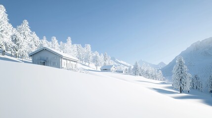 Fototapeta premium Winter Wonderland Retreat - Cozy Cabin in Snowy Landscape for Winter Sports Enthusiasts