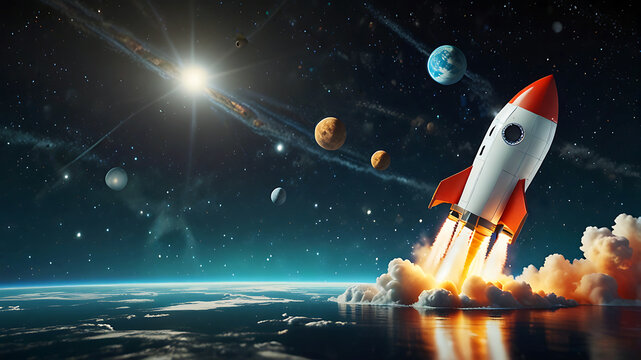 3D rocket in space, a rocket takes off into a sky leaving a fiery trail behind. - Powered by Adobe