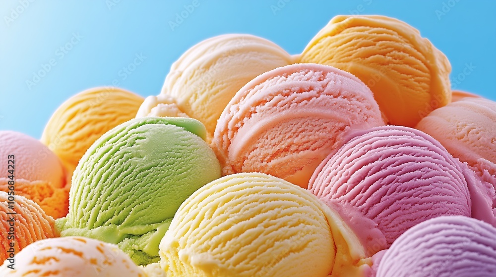 Poster heap of multicolored ice cream scoops against blue background : generative ai