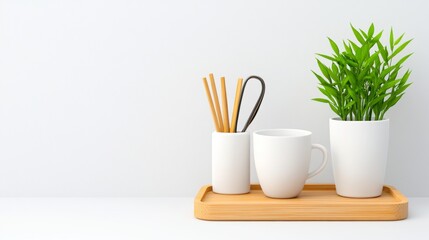 Minimalist White Cup and Plant on Wooden Tray Mockup