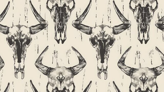 Bull skulls pattern, seamless loop animated video of moving background