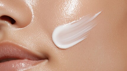 Fototapeta premium Skincare application on smooth, radiant skin with moisturizer on a close-up.